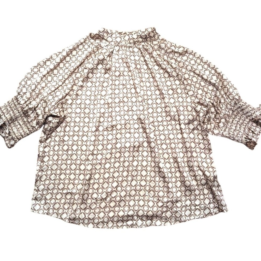 Plus Shirt 2X 2xl Satin Print Mock‎ Neck Brown Cream Top Blouse NEW Career